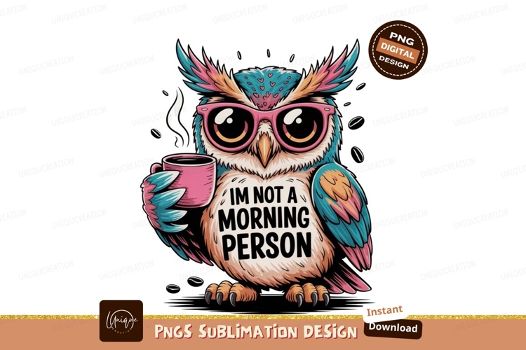 Colorful owl with pink glasses holding coffee cup image