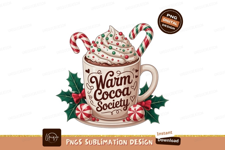 Festive hot cocoa mug with candy canes Christmas