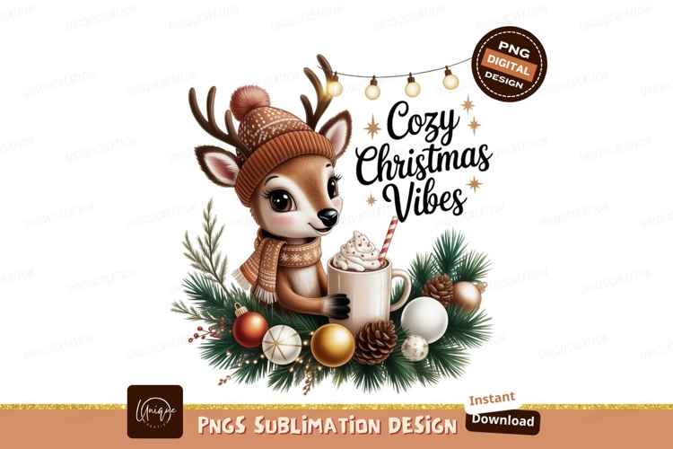 Cute deer holding hot chocolate with festive decorations