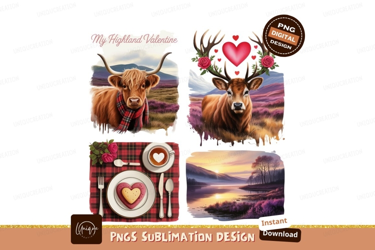 Highland cow deer valentine landscape heart
