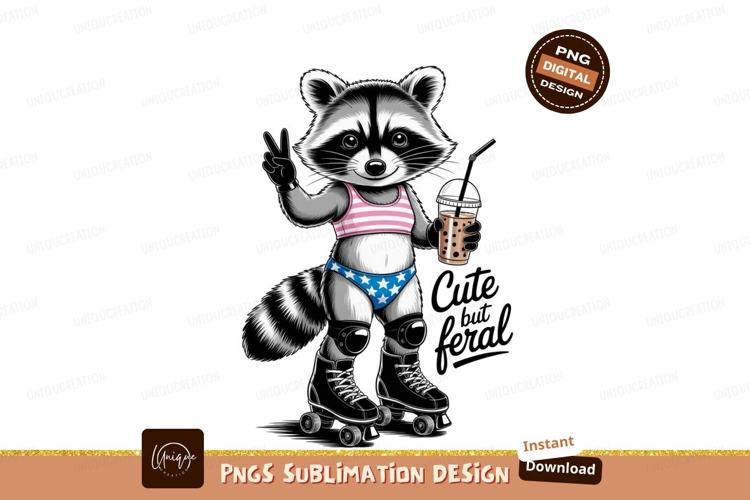 Raccoon roller skating with drink beverage