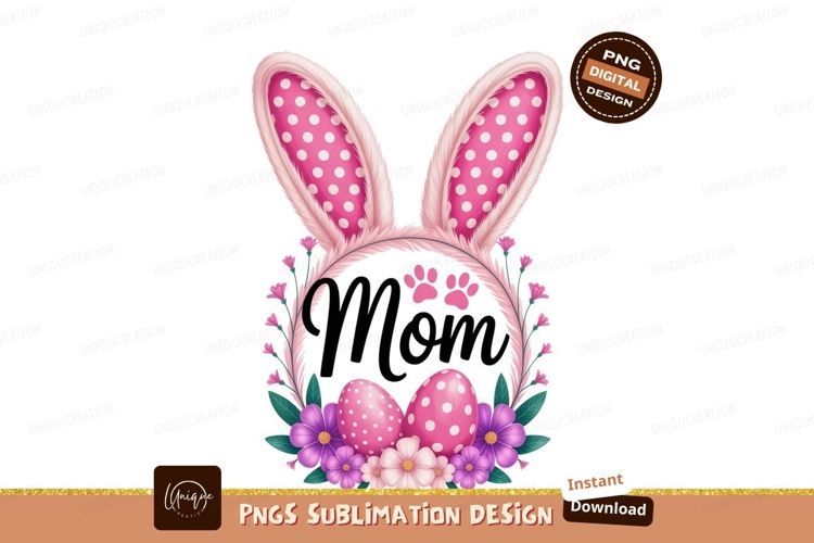 Pink bunny ears mom with eggs and flowers white