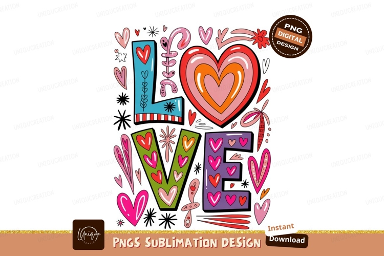 Colorful love hearts and lettering pink