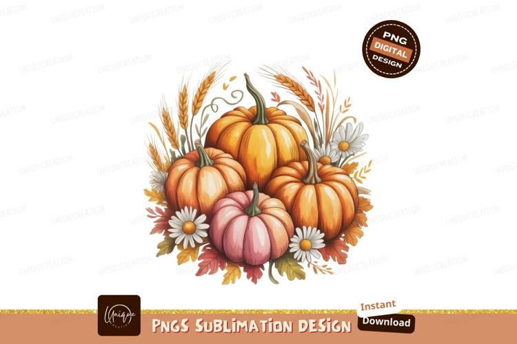 Autumn pumpkins with wheat and daisies orange pink