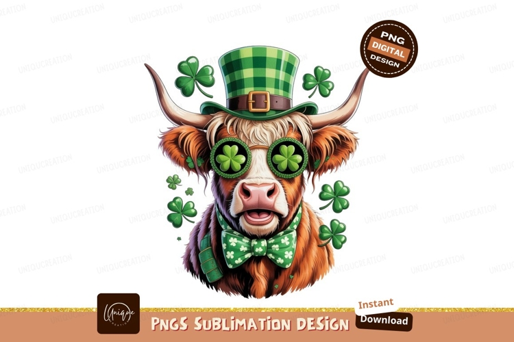 Highland cow wearing festive green accessories shamrock