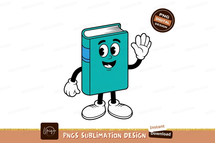 Cheerful turquoise book character waving white blue