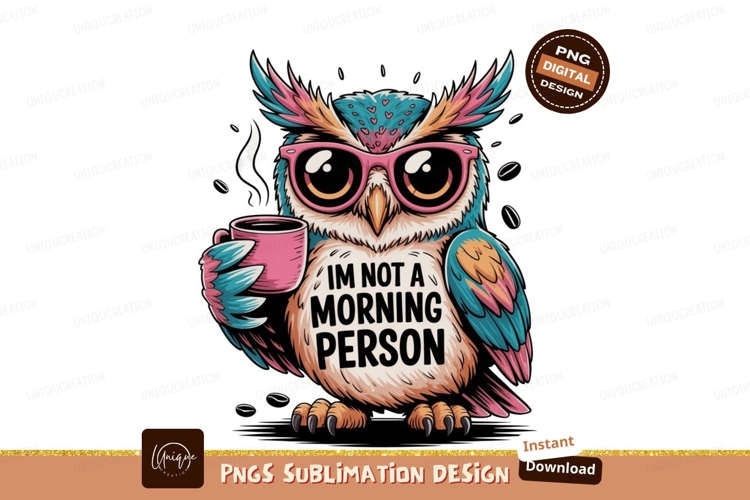 Colorful owl with coffee mug pink blue