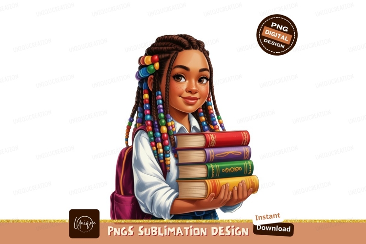 Young girl with colorful braided hair holding books