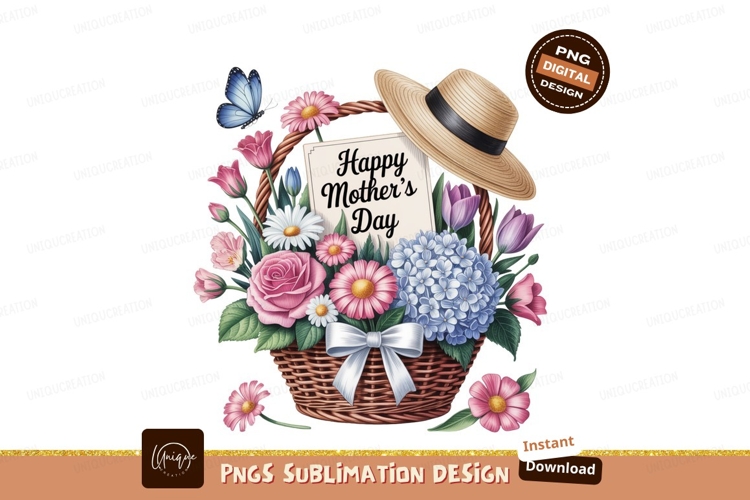 Floral basket with hat and butterfly flowers pink