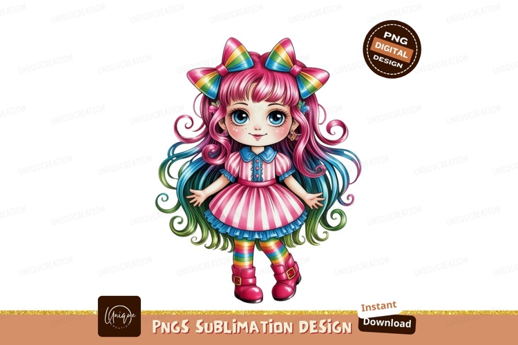 Colorful doll with rainbow hair and striped dress girl example image 1
