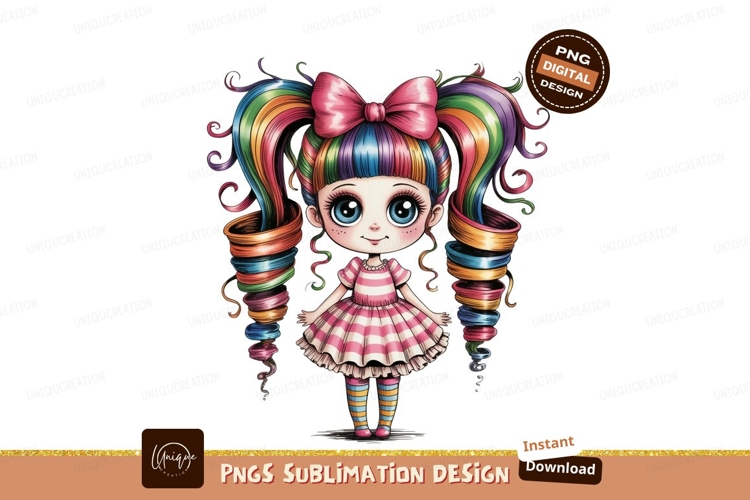 Whimsical girl with rainbow hair and striped dress