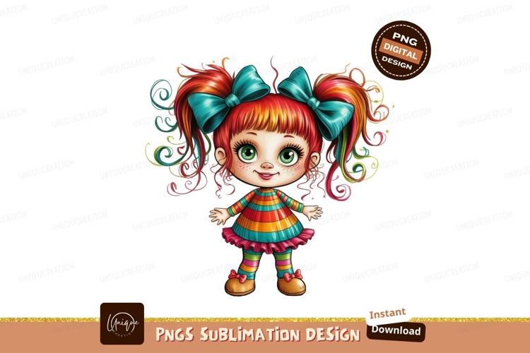 Colorful cartoon girl with pigtails bows