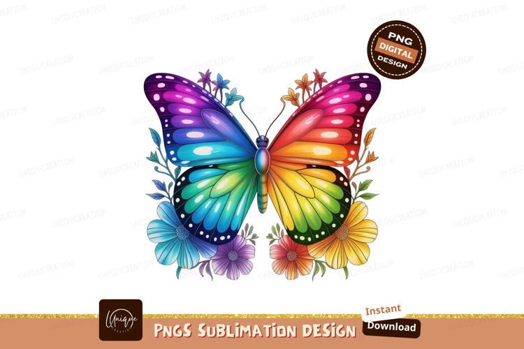Rainbow butterfly with flowers wings blue