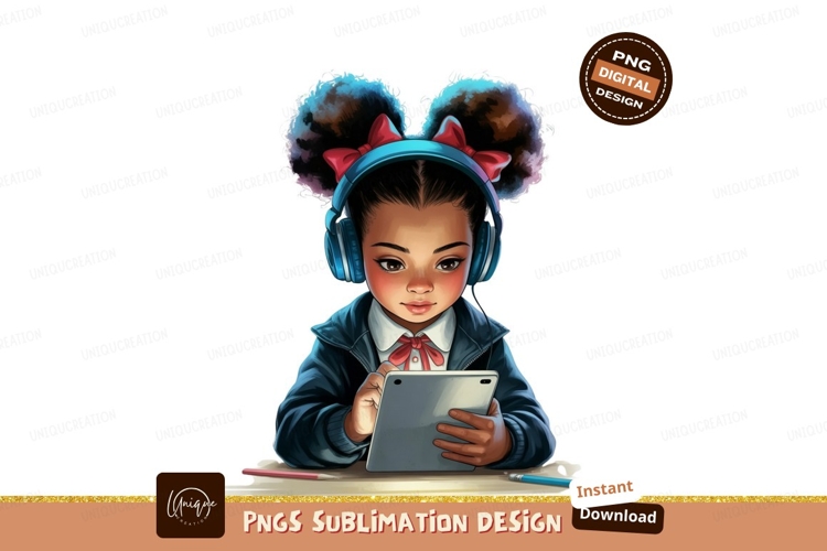 Young girl with headphones using tablet learning technology