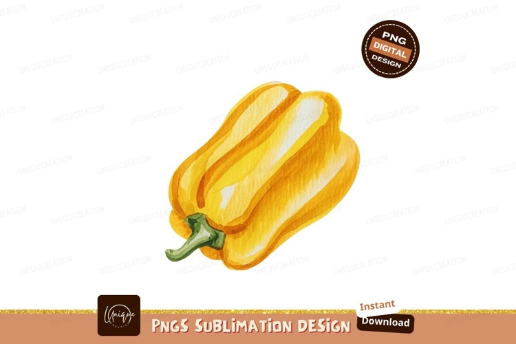 Yellow bell pepper watercolor illustration green stem