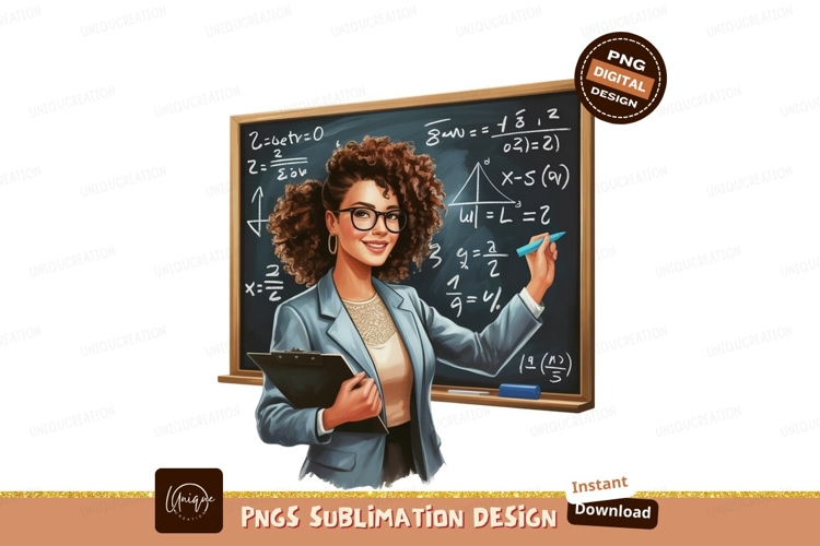 Woman teacher writing math equations on blackboard