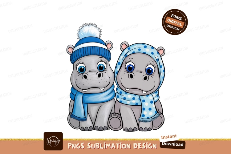 Cute hippos wearing winter accessories hippopotamus