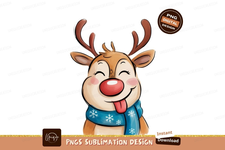 Cheerful reindeer with red nose and blue scarf christmas