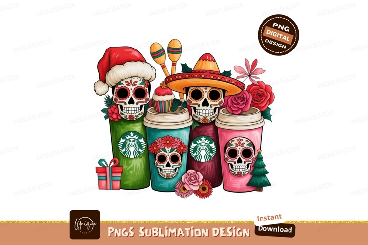 Festive sugar skulls with coffee cups and holiday elements