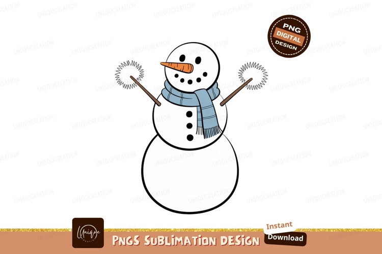 Format: Title: Snowman with blue scarf and carrot nose