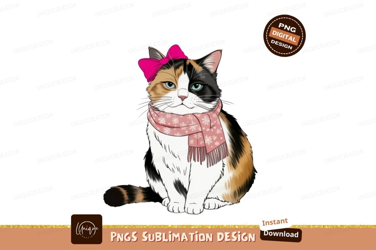 Calico cat with pink bow and scarf image
