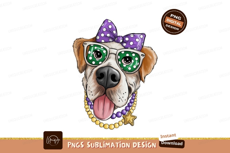 Dog wearing polka dot bow glasses and beads canine