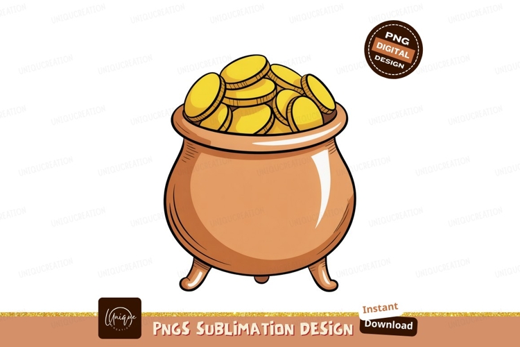 Pot overflowing with gold coins money wealth
