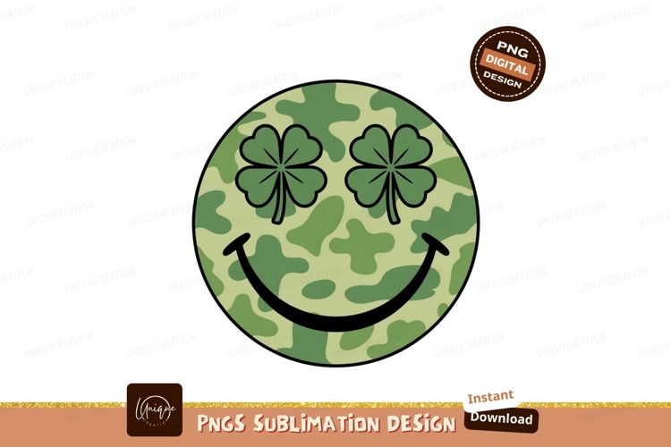 Camouflage smiley with clover eyes green luck