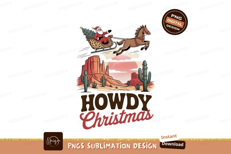 Santa riding horse drawn sleigh over desert landscape