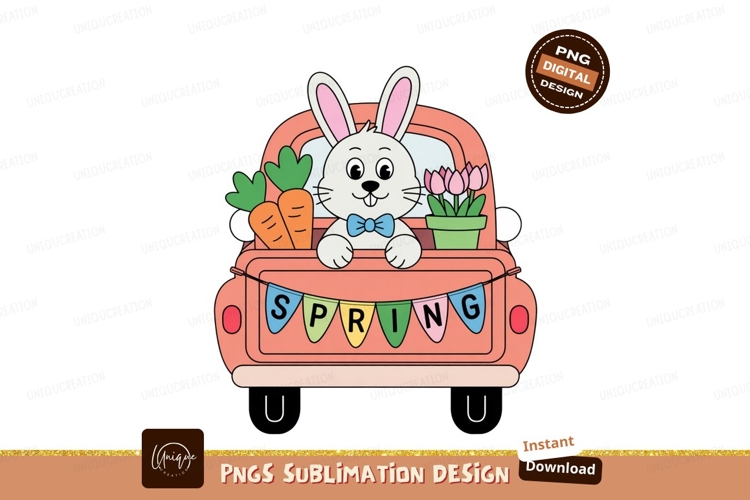 Bunny driving truck with spring decorations carrots