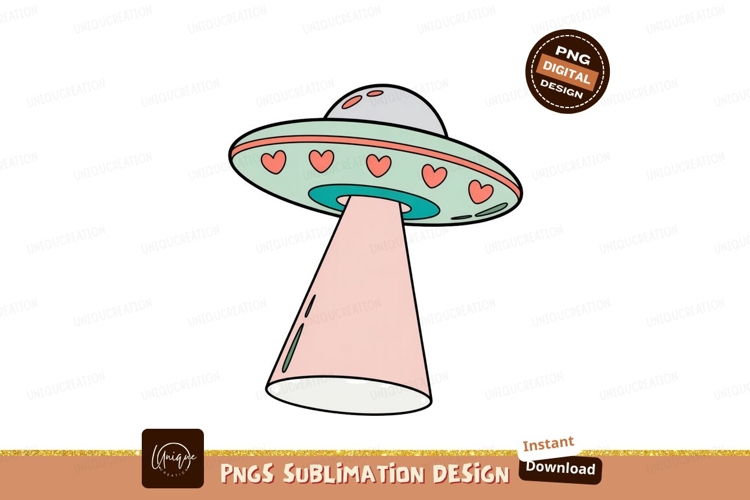 Cute flying saucer with pink beam and hearts alien