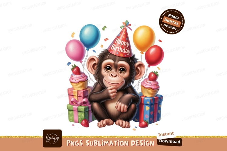 Adorable monkey celebrates birthday with cupcakes and balloo
