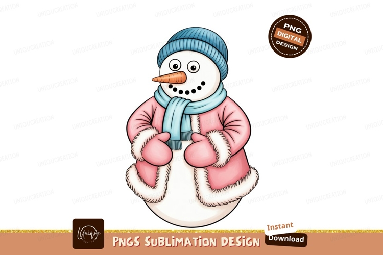 Snowman wearing pink coat blue hat scarf winter cold
