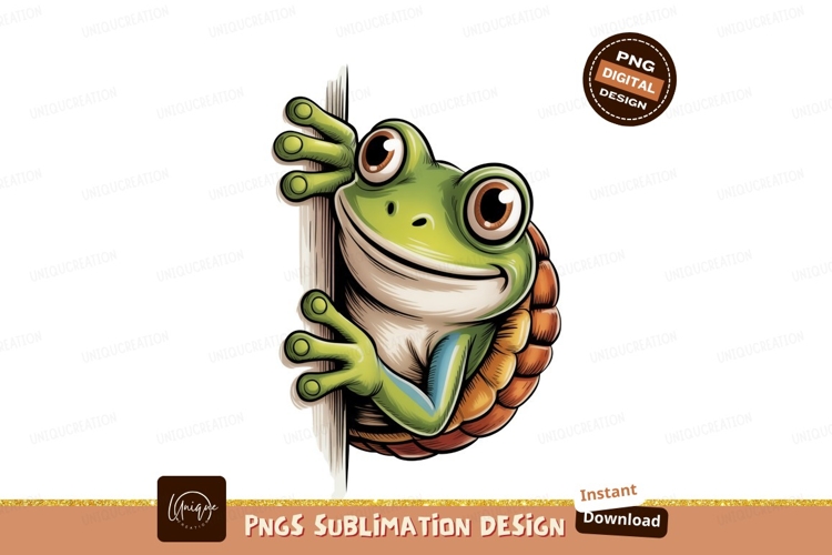 Curious green frog peeking from behind wood brown white
