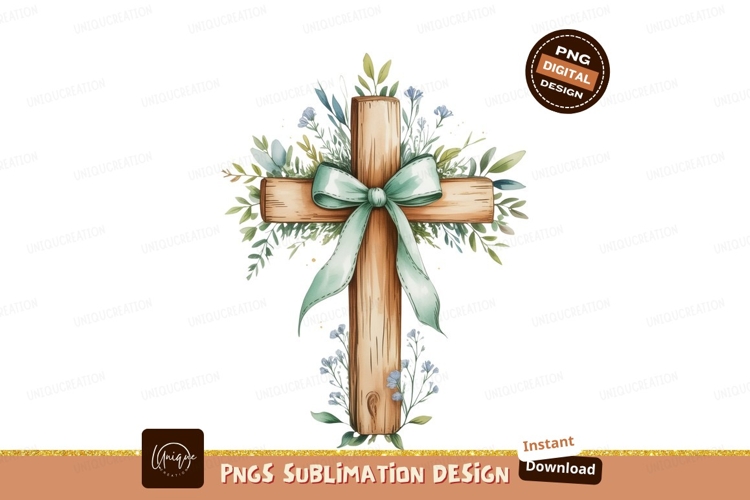 Wooden cross with floral embellishments and ribbon