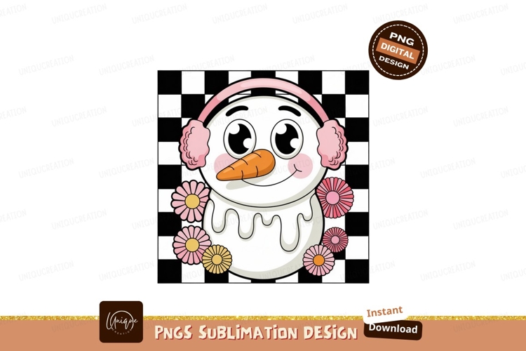Cheerful snowman with pink earmuffs and flowers winter