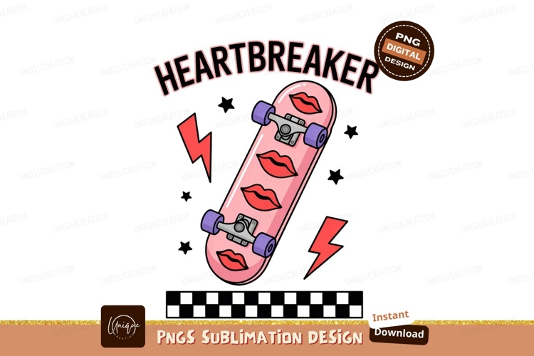 Pink skateboard with lips and lightning bolts image