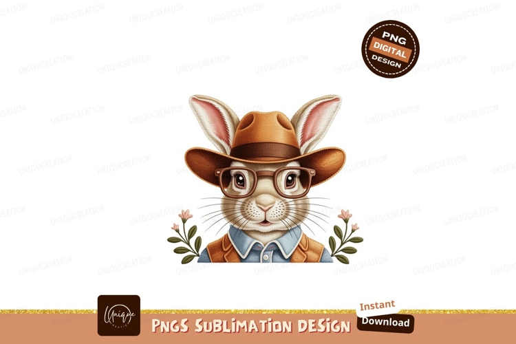 Anthropomorphic rabbit wearing cowboy hat and glasses