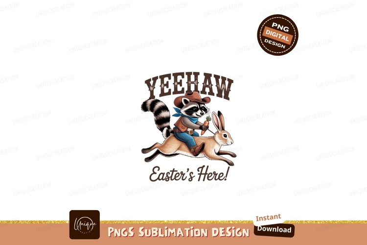 Format: Title: Raccoon riding rabbit cowboy Easter