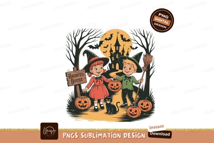 Vintage Halloween Children With Pumpkins And Haunted House