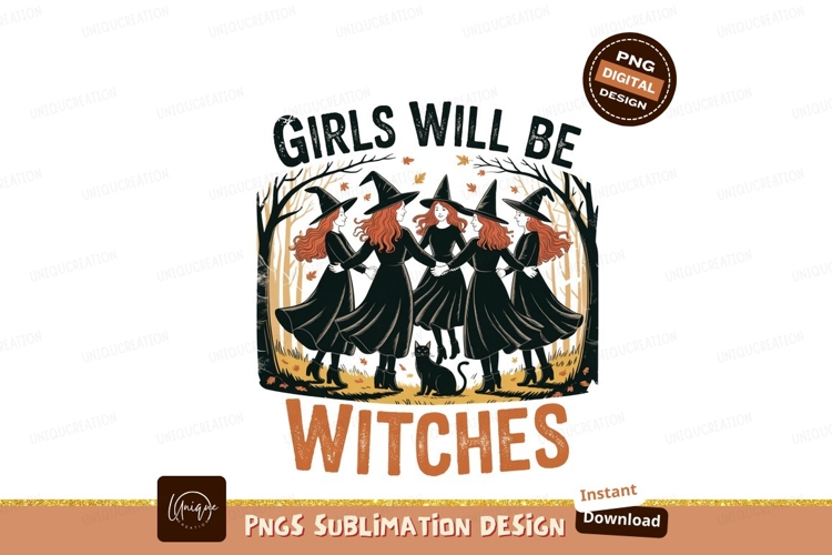 Witches dancing in forest with black cat image