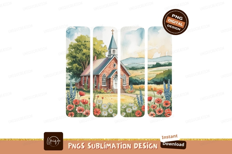 Brick church with wildflowers and rolling hills steeple
