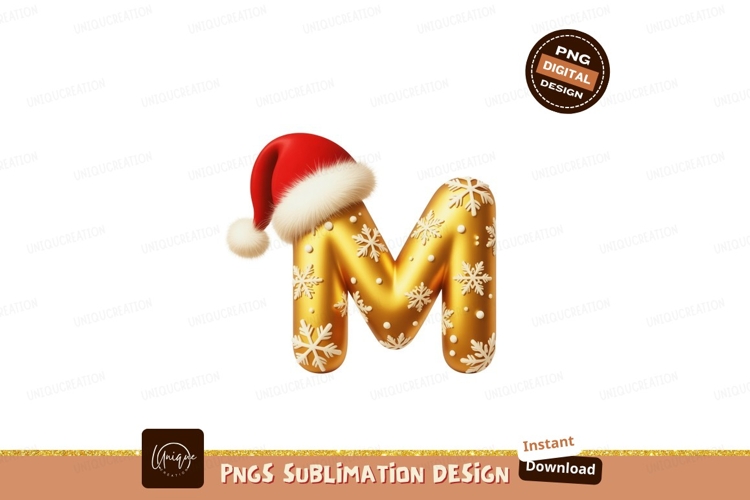Golden letter M with snowflakes and santa hat metallic
