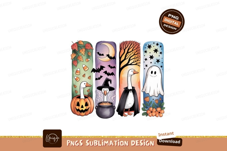 Halloween geese characters with festive backgrounds