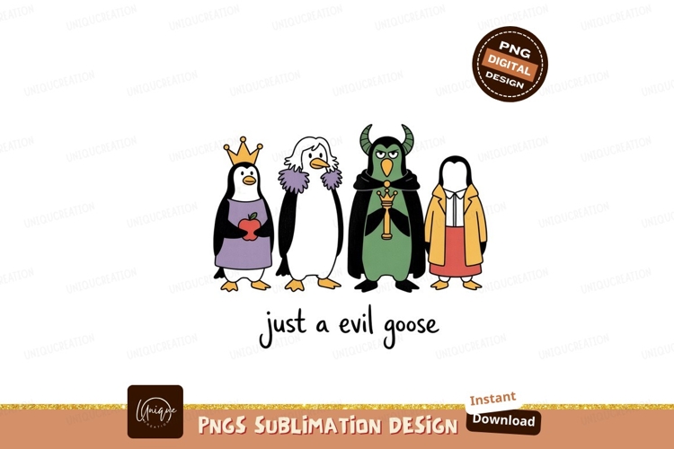 Four cartoon penguins dressed as villains apple crown