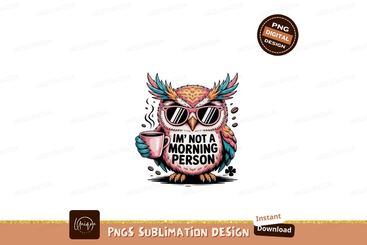 Pink owl with sunglasses holding coffee blue yellow