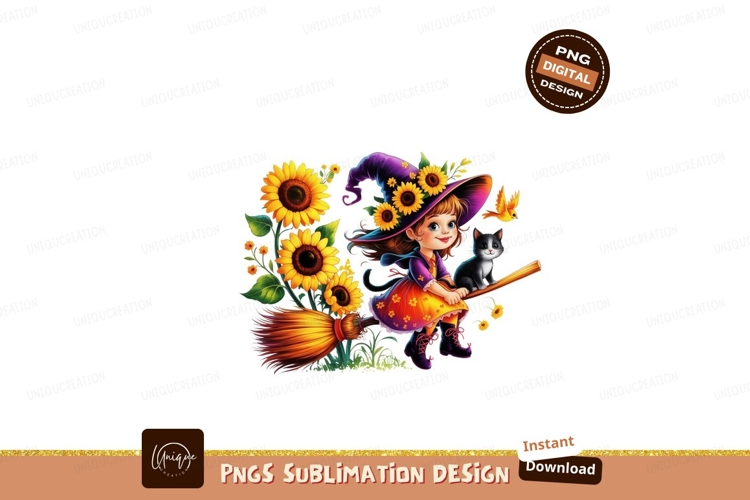 Girl witch flying broom sunflowers cat bird image