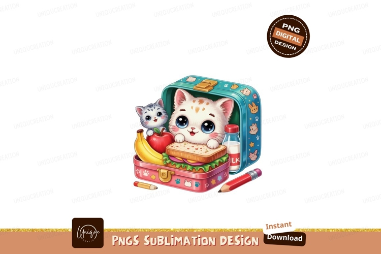 Cute kittens with lunchbox and food sandwich apple