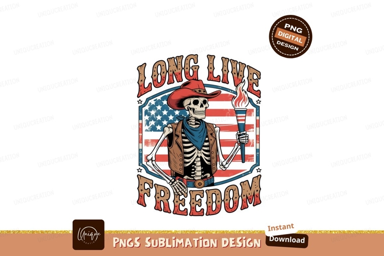 Skeleton cowboy holding torch with American flag freedom