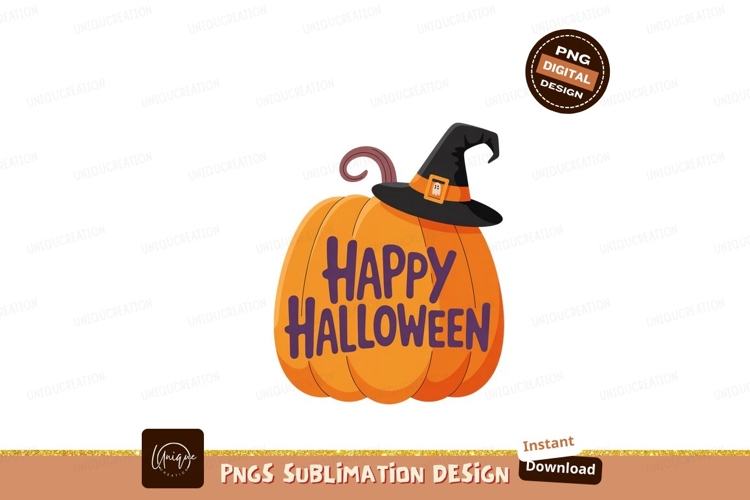 Orange pumpkin wearing witch hat with happy halloween text